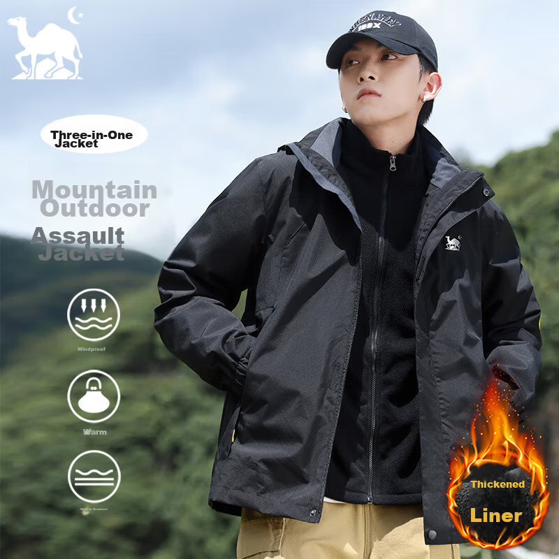 EASTERN CAMEL Couple's Three-In Outdoor Jacket for Men And Women with Detachable Windproof Layer, Black Three-In 3XL