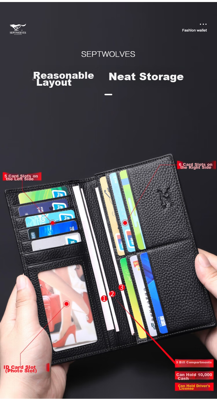 SEPTWOLVES Wallet, Men's Long Card Holder, Driver's License Holder, Practical Birthday Gift for Dad, Boyfriend, Husband, And Elders 5
