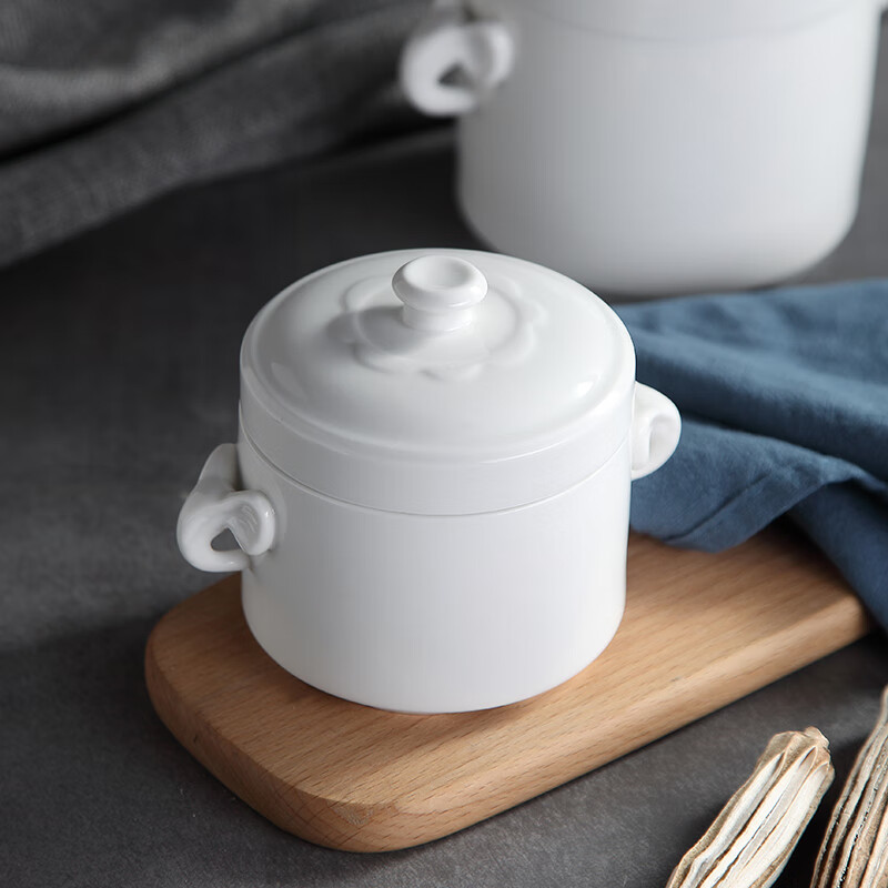 Remec Jinyu Rimei Pure White Elephant Double-Lid Double-Ear Ceramic Stew Pot, 1 Piece, 400ml Stew Bowl, Bird's Nest Soup Pot