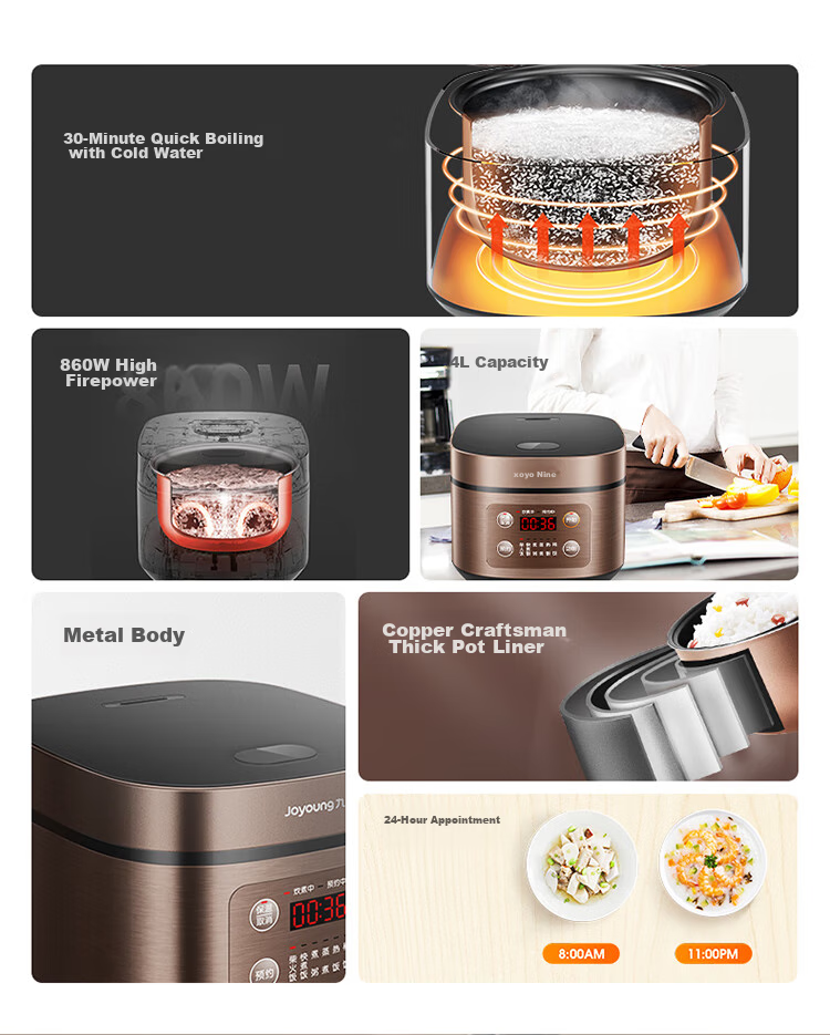 Joyoung Newly Upgraded Crystal Diamond Original Non-Stick Inner Pot, High Power Wood-Fired Rice Cooker, 3L Capacity for 2-3 People, Low Pressure Multi-Function Electric Rice Cooker, NTC Smart Control Quick Cooking Rice, F-30FZ630B 3