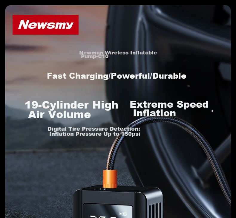 Newsmy Inflatable Pump, Car Tire Air Pump, Wireless Car Air Pump, Bicycle And Electric Bike Pressure Gauge C10 9