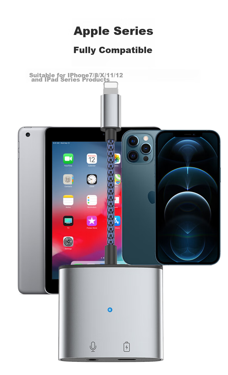 JOWOYE Apple Adapter Headphone Game Sound Card Live Streaming Audio Converter Fast Charging Lightning to 3.5mm Adapter for Mobile Phones And Tablets IPhone14/13/12/iPadAir 9