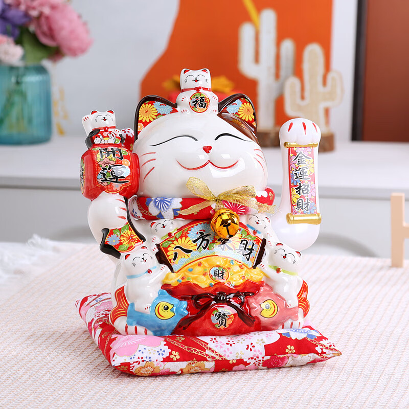 Youjia Liangpin Fortune Beckoning Cat Automatic Waving Hand Living Room Ornament Housewarming Gift Battery Operated 10 Inch Gift Box Set 12