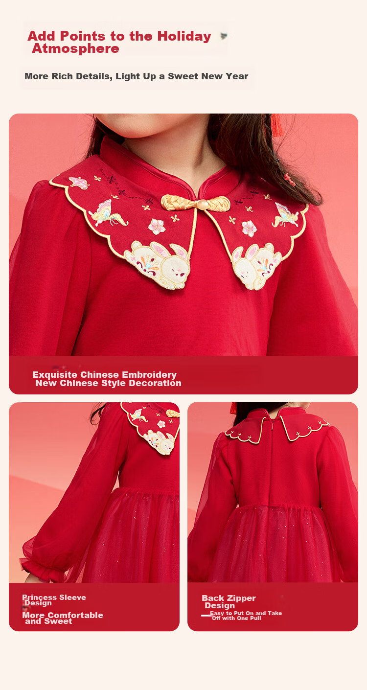 BALABALA Girls' New Chinese-Style Knitted Dress, Spring Outfit, Baby Red Tulle Princess Dress 7