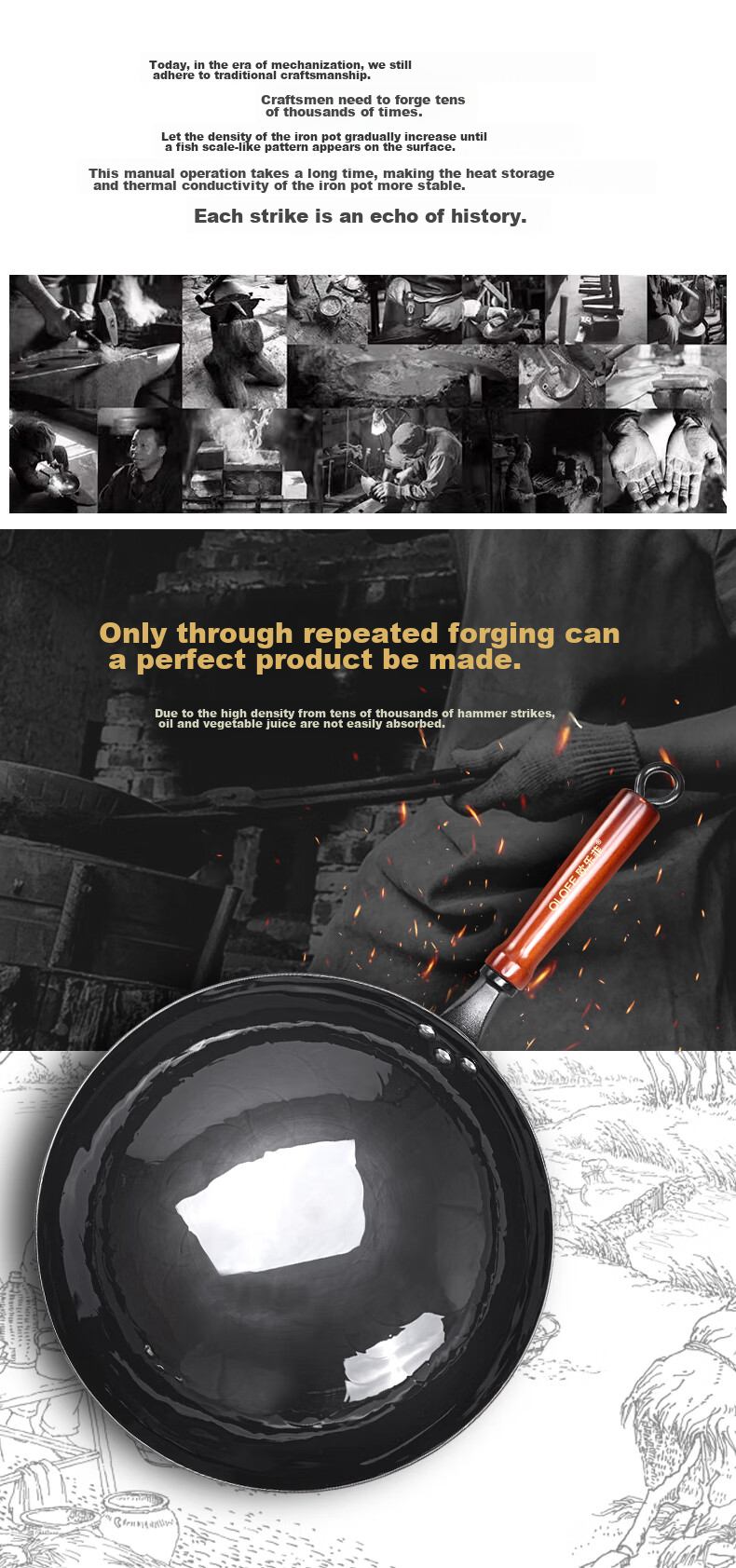 OLOFE Zhangqiu Black Iron Wok, Non-Coated, Lightweight, Round Bottom, Forged, Traditional Gas Stove, Large Stir-Fry Pan, Quiet Operation, 32cm 3
