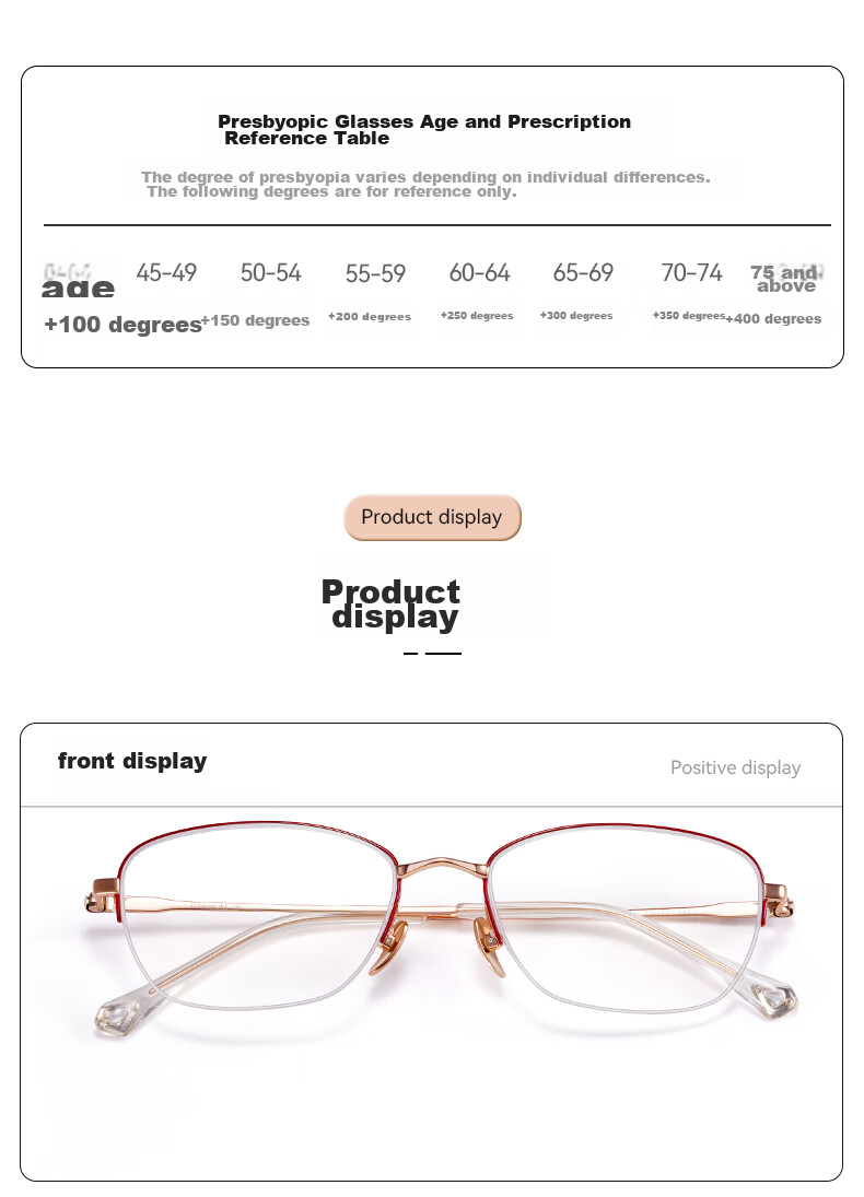 Xiyanghong Pure Titanium Reading Glasses for Women, Fashionable High-End Anti-Blue Light Mother's Day Gift for Mom A103M 400 Degree 11