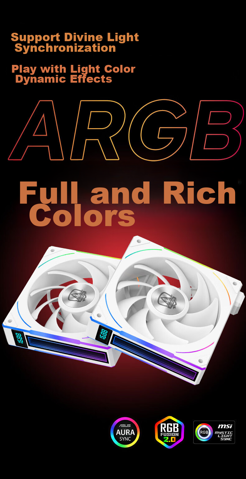 AOC AT360FW/93 White 12CM Desktop Case Cooling Fan Triple Pack ARGB Sync/No Wired Cable Connection/Aggressive Dual Ball Bearings/Speed Display 6