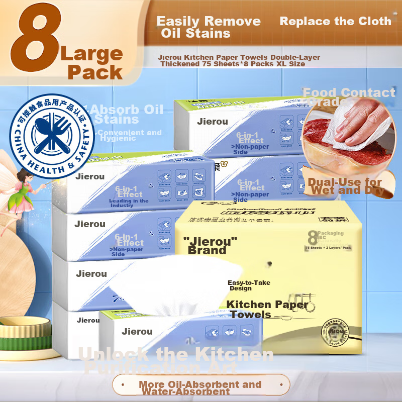 C&S Kitchen Paper Towels, 75 Sheets * 8 Packs, Thick Large Size, New Year Cleaning, Absorbent for Water And Oil Stains, Disposable Lazy Wipes