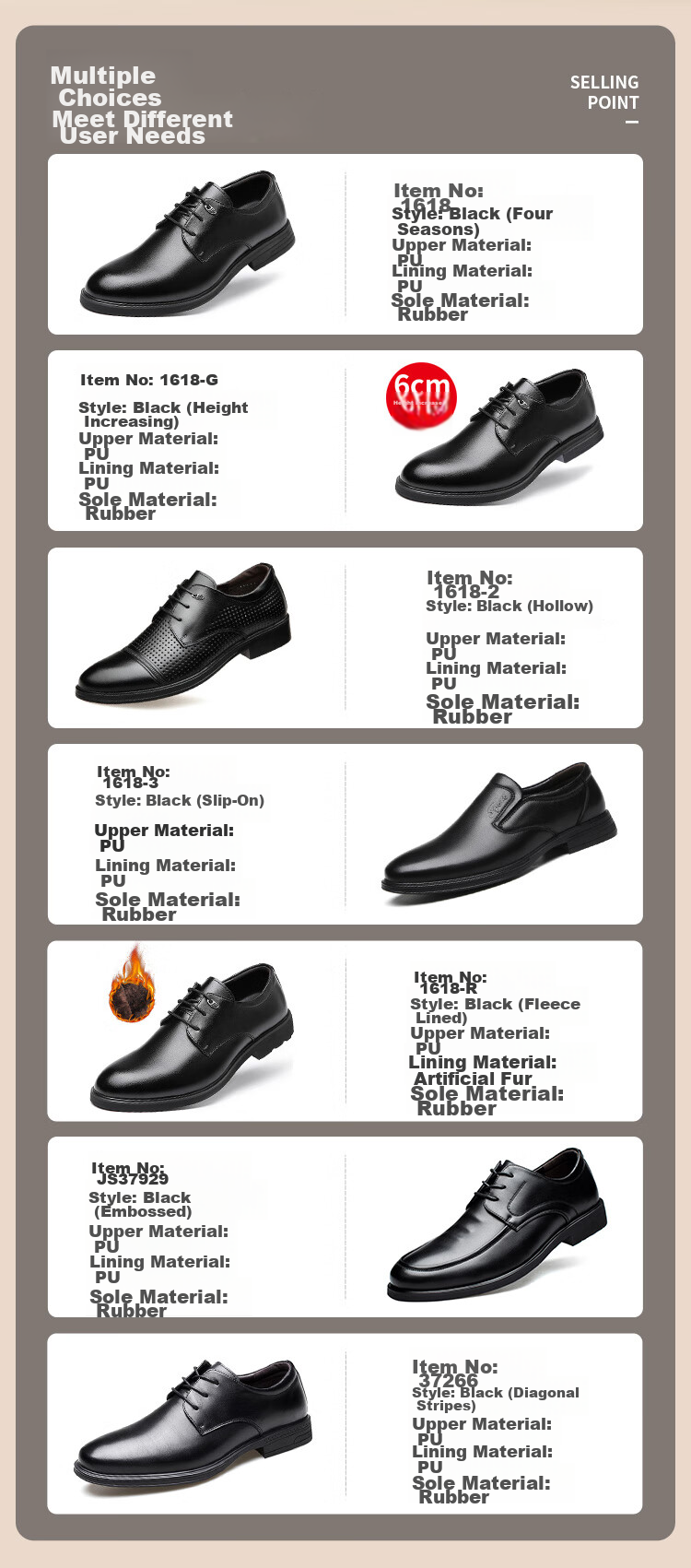 EGCHI Men's Leather Shoes, Business Formal Dress British Style Commuter Shoes, 1618 Black (Height-Increasing Version), Size 44 6
