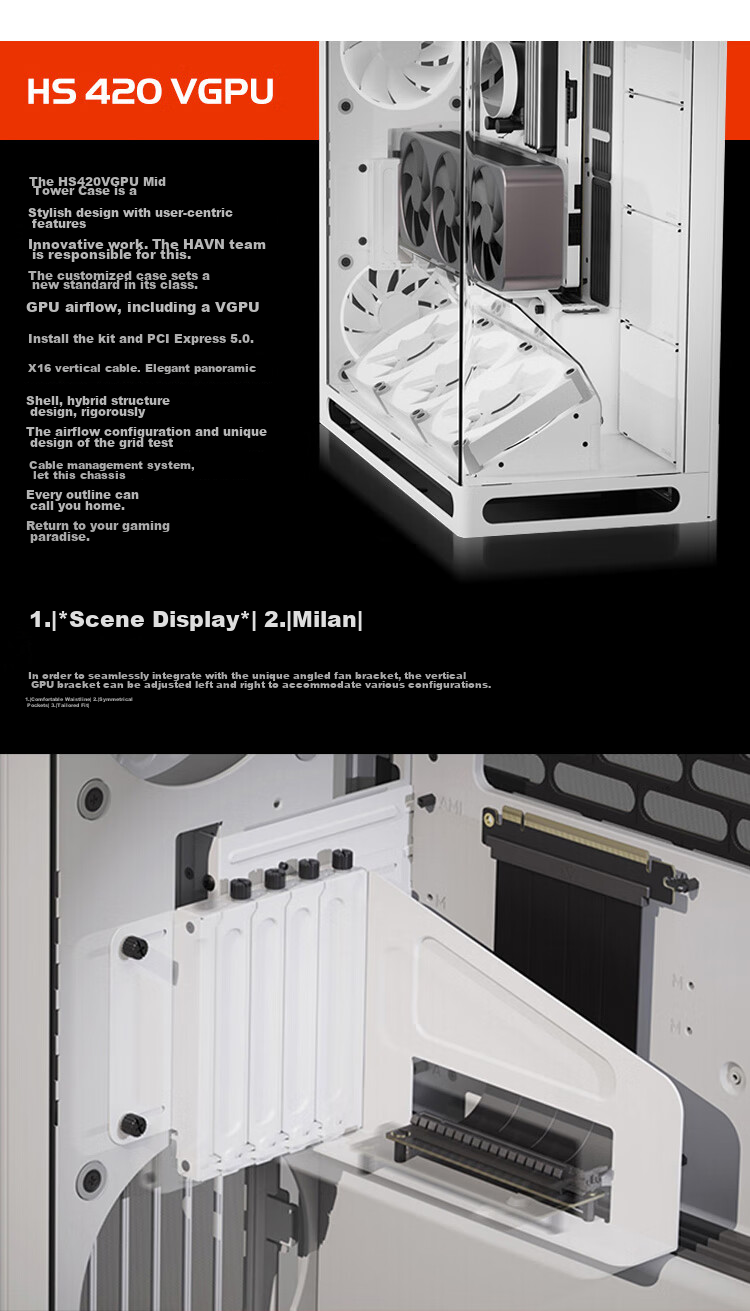HAVN HS420 Black Seaside View Case Modern Aesthetic Design/Curved Glass/Magnetic Panel/Most Support E-ATX Motherboard/420mm Water Cooling/Four-Side Dust-Proof 8