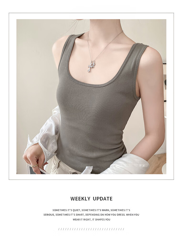 Hengyuanxiang [Pure Cotton] Women's Camisole Tank Top, Beautiful Back Design, Can Be Worn As Outerwear, Round Neck - Gray 10