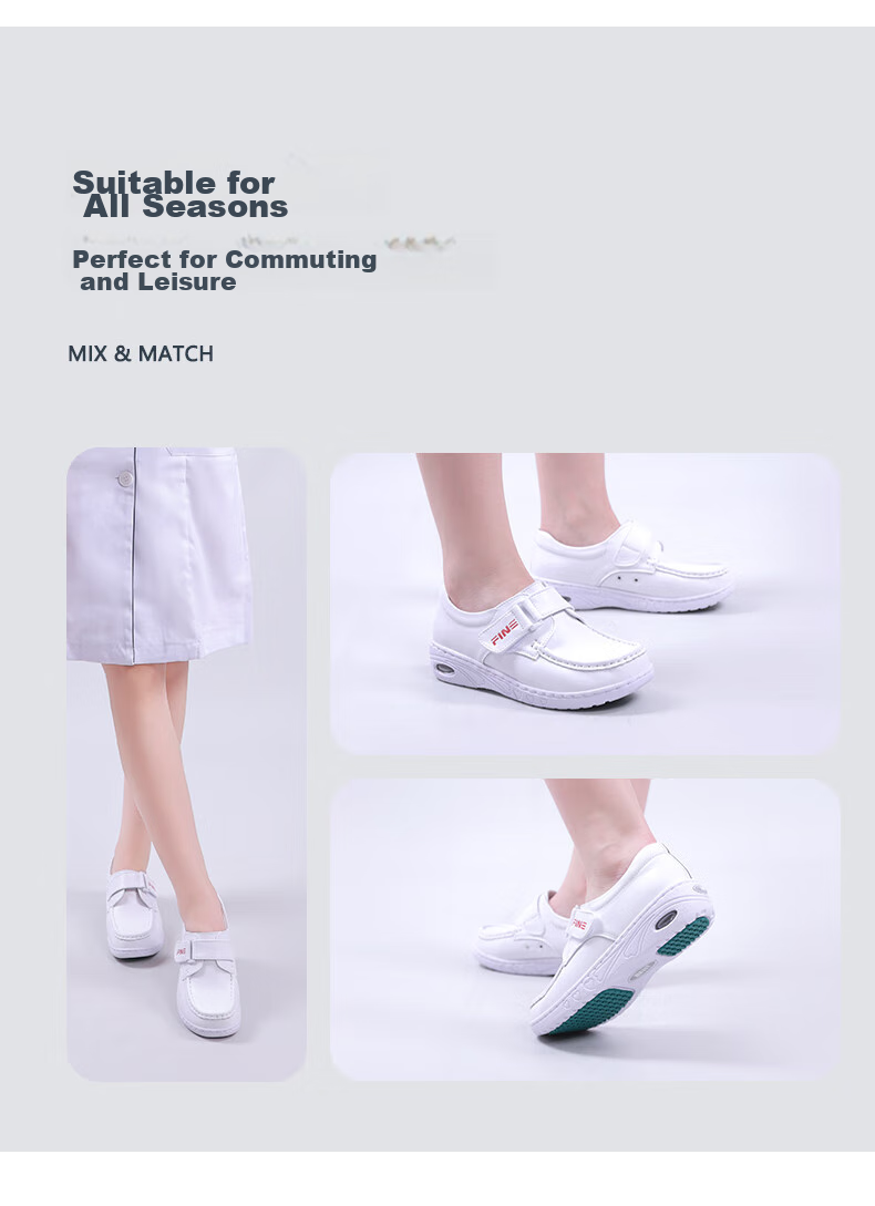 Feiying Air Cushion Nurse Shoes for Women, Spring And Summer Style, Genuine Leather, Glossy Surface, Velcro Medical Work Shoes 2-2013 White 40 9
