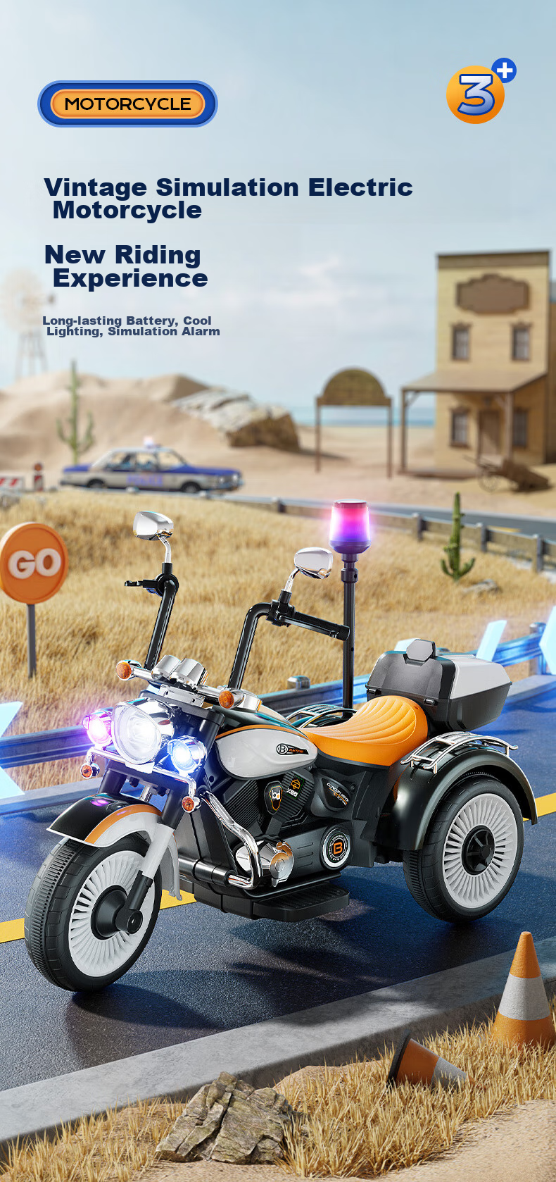 Babamama Children's Electric Motorcycle Tricycle for Ages 3-10, Rideable Police Car Toy for Boys And Girls, Baby Gift Vehicle 1
