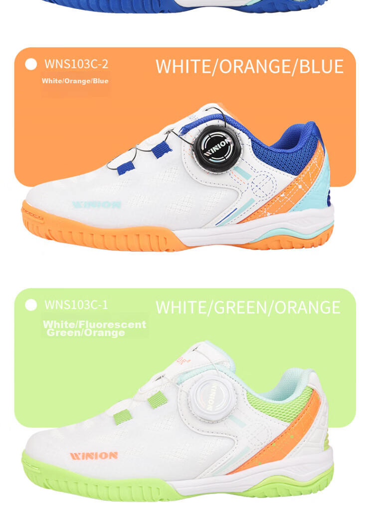 WINION Selected Table Tennis Shoes for Children, Boys And Girls, Zhengtu Rotary Buckle Style, Breathable Non-Slip Sports Shoes, White Blue Orange, Size 30 5