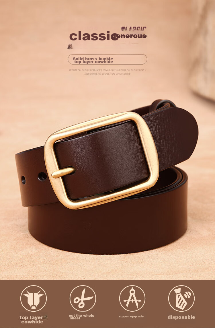 Cattlesboss Men's Belt with Copper Buckle, Genuine Top-Grain Leather, Pin Buckle, 1015 Birthday Gift, Dark Brown, 110cm 1