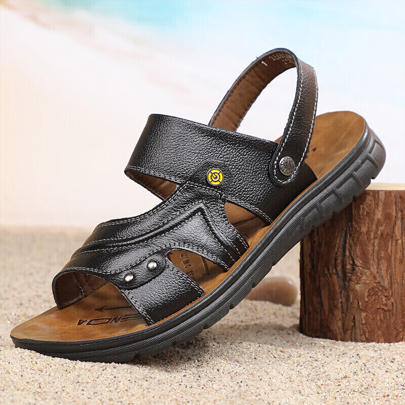 CARTELO Genuine Leather Sandals for Men, Breathable Top-Grain Leather Beach Shoes, Men's Outdoor Dual-Wear Slippers 9252 Black Size 40