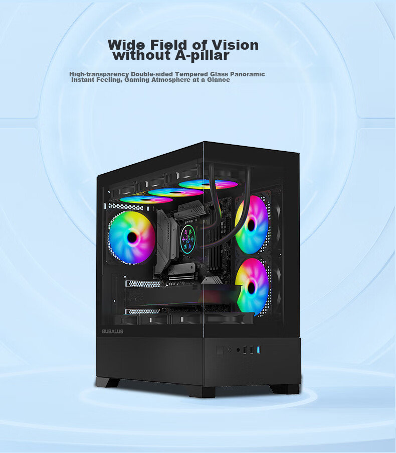 BUBALUS Phantom Black No-Pillar Panoramic Case (360mm Radiator Support / Full-View Tempered Glass / Supports 5-Slot M-ATX Motherboard / Long Graphics Card Compatible) 4