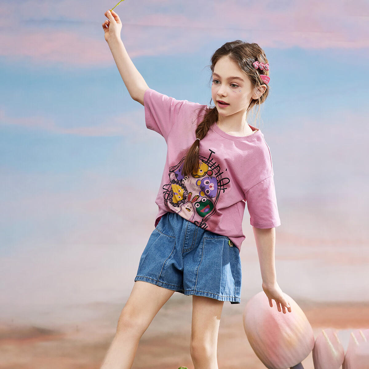 ASK JUNIOR Girls' Summer Sweet And Cute Drop-Shoulder Short-Sleeve T-Shirt, Loose Comfortable Pure Cotton Children's T-Shirt, Pink, Size 130