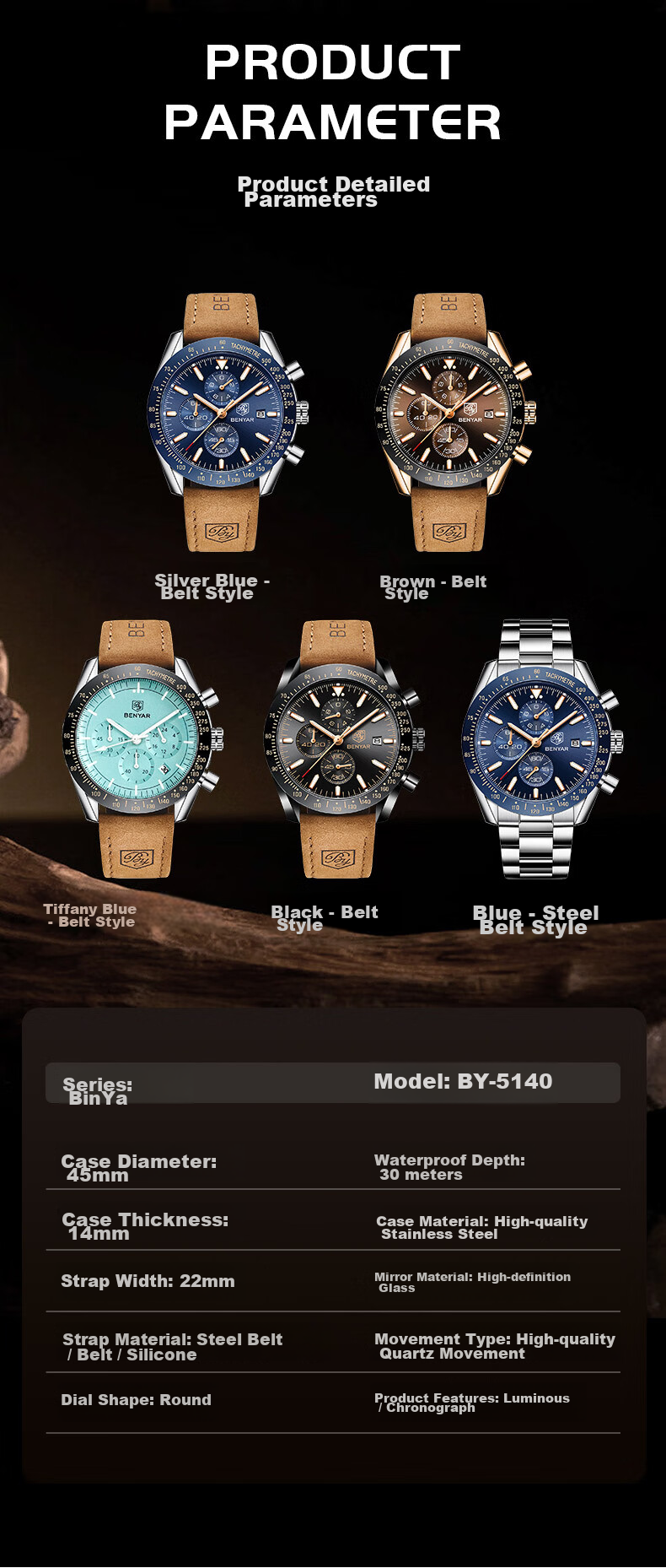 TSAR BOMBA Benyar Men's Quartz Watch Casual Business Self-Gift for Boyfriend, Student Exam Watch Father's Day Gift 17
