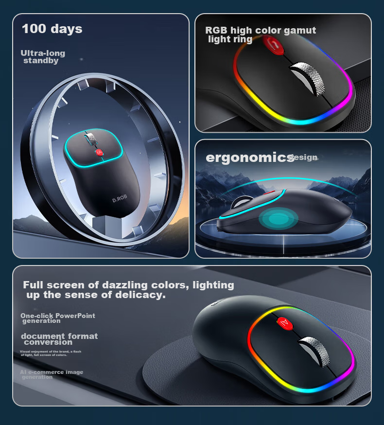 D.ROB Intelligent AI Mouse, 1200mAh Long-Lasting Wireless Silent Mouse, Ergonomic Type-C Rechargeable Office Mouse (Equipped with DeepSeek), D202 Black 3