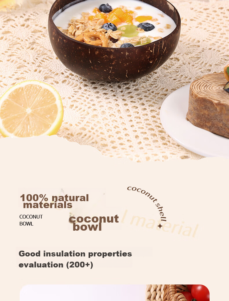 BJ Yogurt Bowl with Spoon, Wooden Dessert Fruit Salad Bowl for Home Breakfast Oatmeal, Natural Coconut Shell Bowl 6