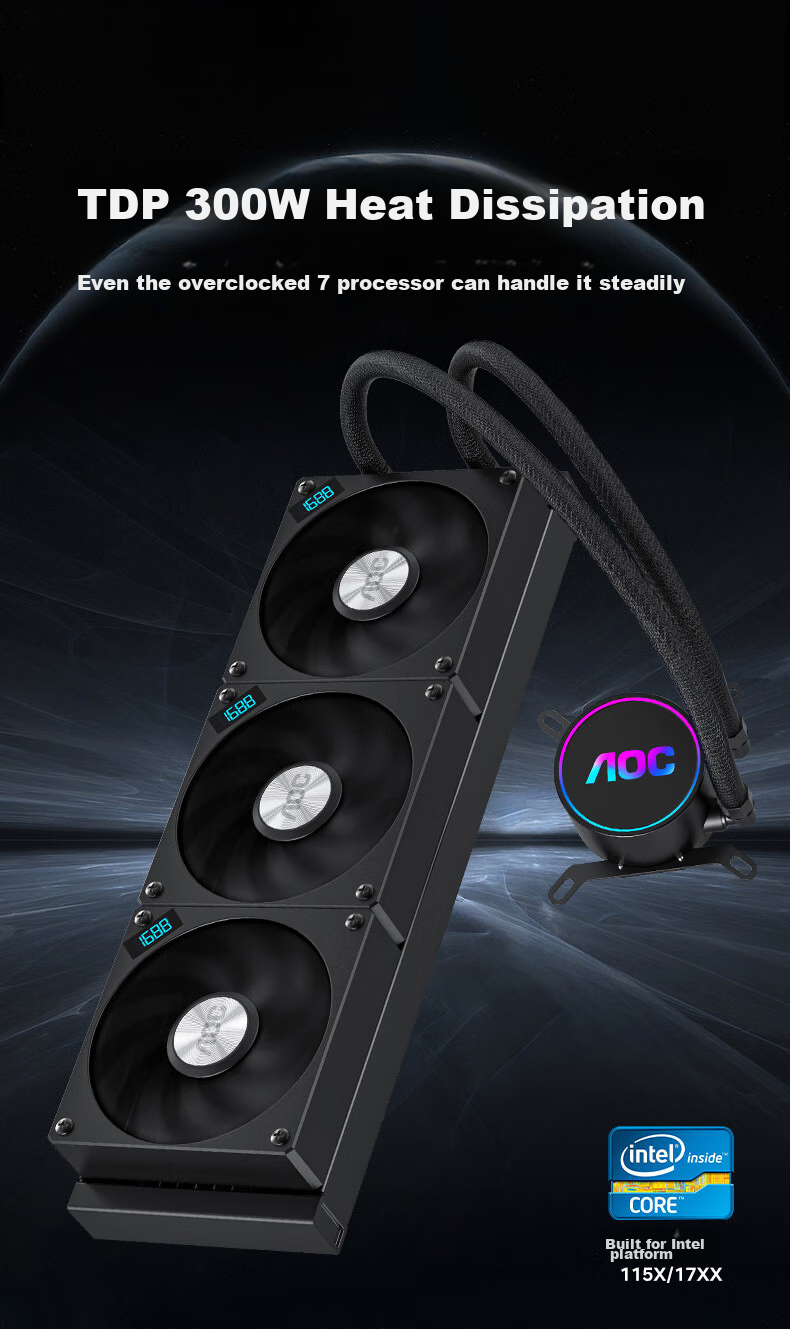 AOC T360NB Black, All-In CPU Liquid Cooler, Supports LGA1700/1851/PWM Temperature Control/Speed Display/2200 RPM Ultra-Quiet Fan without Light 2