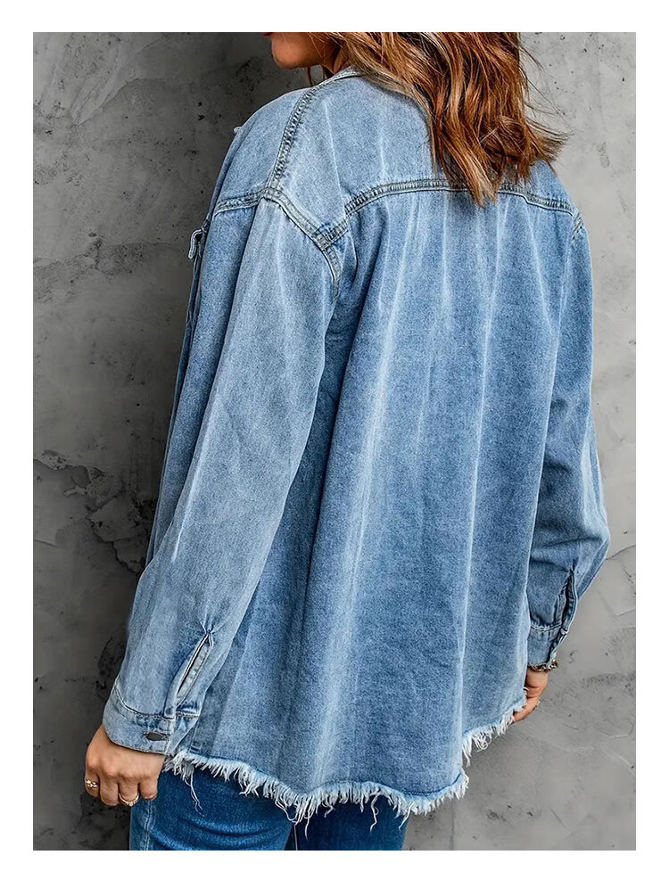 Pierre Cardin Women's Shirt, Summer Versatile Loose Street Style, Distressed Hem, Denim Blouse Top, Dark Blue, Size L 4