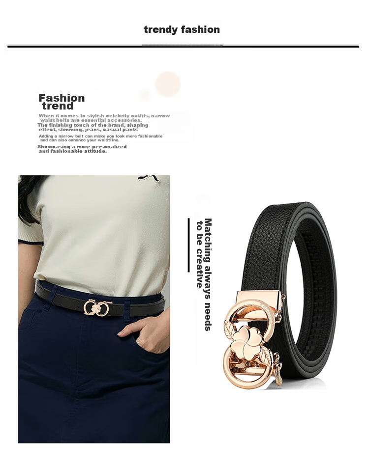 CROCODILE Top-Grain Leather Fashion Belt for Women, Automatic Buckle, Exquisite And Simple Waist Belt T3707 Black Gift Box Set 5