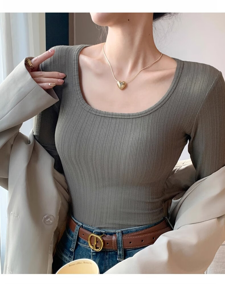 Yuzhaolin Women's Basic Long Sleeve T-Shirt Thin Large U-Neck Slim Fit Simple Versatile Top for Spring and Autumn 15