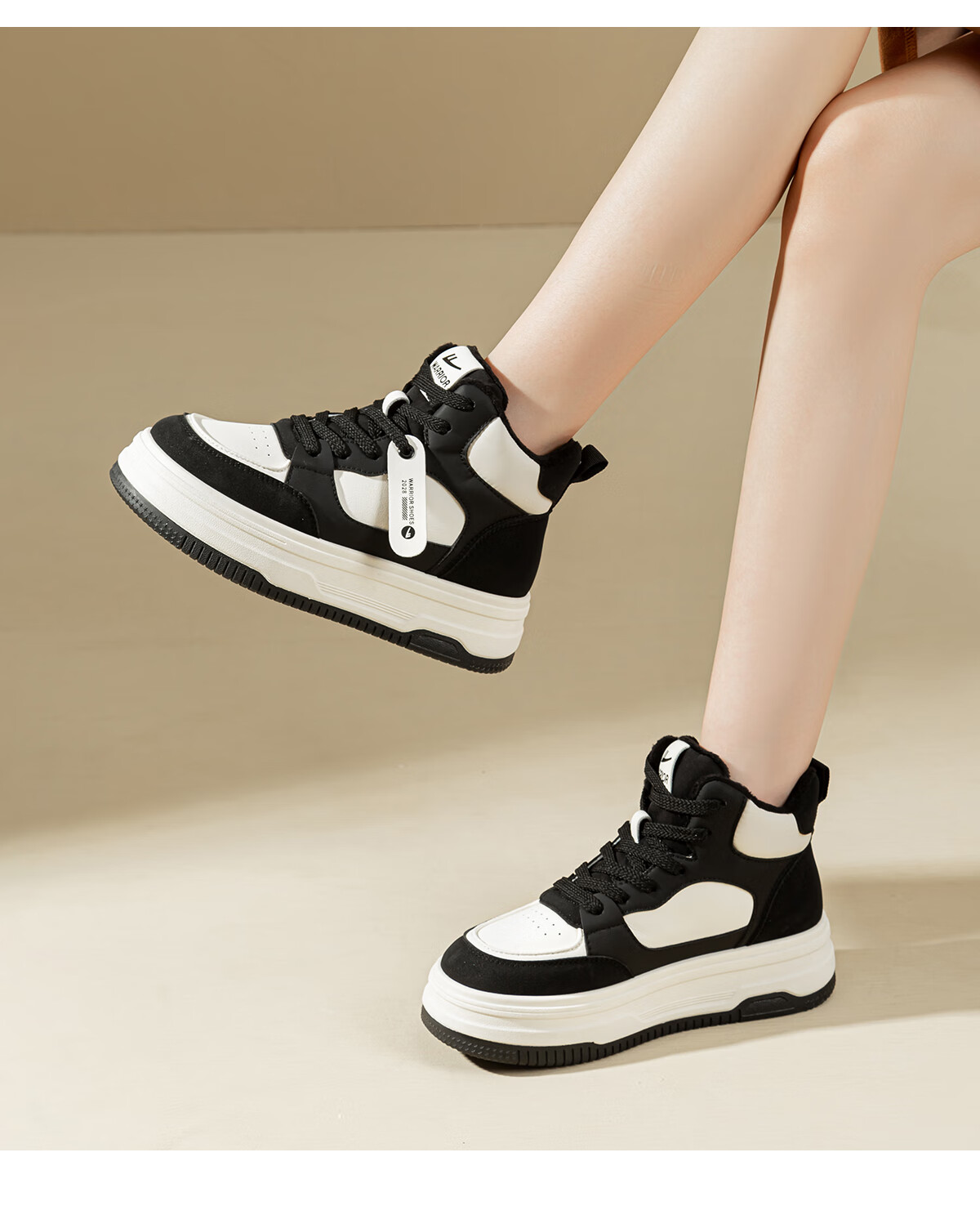 Warrior Women's Winter Fleece-Lined High-Top Sneakers Thick Sole Height Increasing Fashion Sports Casual Shoes White Black Size 39 15