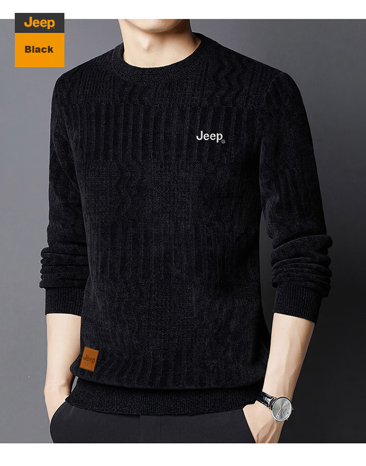 JEEP Men's Sweater, Autumn And Winter Fleece-Lined Thick Warm Knit Pullover, Round Neck Menswear, Black Fleece-Lined, 4XL 18