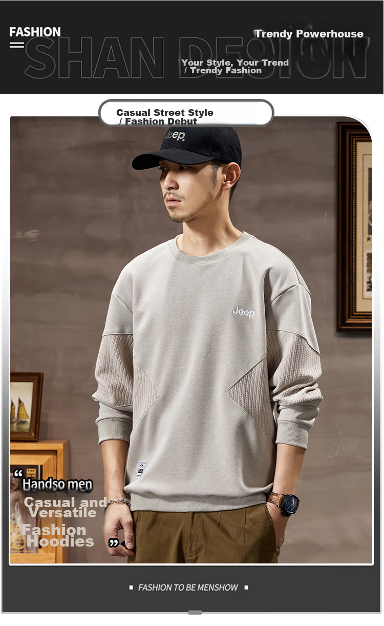JEEP Heavyweight High-End Sweatshirt for Men, Spring And Autumn 2026, Loose-Fitting Trendy Sweatshirt, Casual Men's Sportswear, Long-Sleeve Top 2