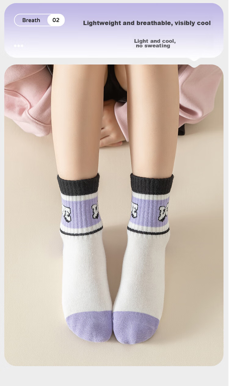 MiiOW Children's Socks, Girls' Mid-Calf Cotton Socks, High-Elasticity Student Socks, Breathable Socks for Older Children, 5 Pairs, Purple Smiley Face, Size L 13