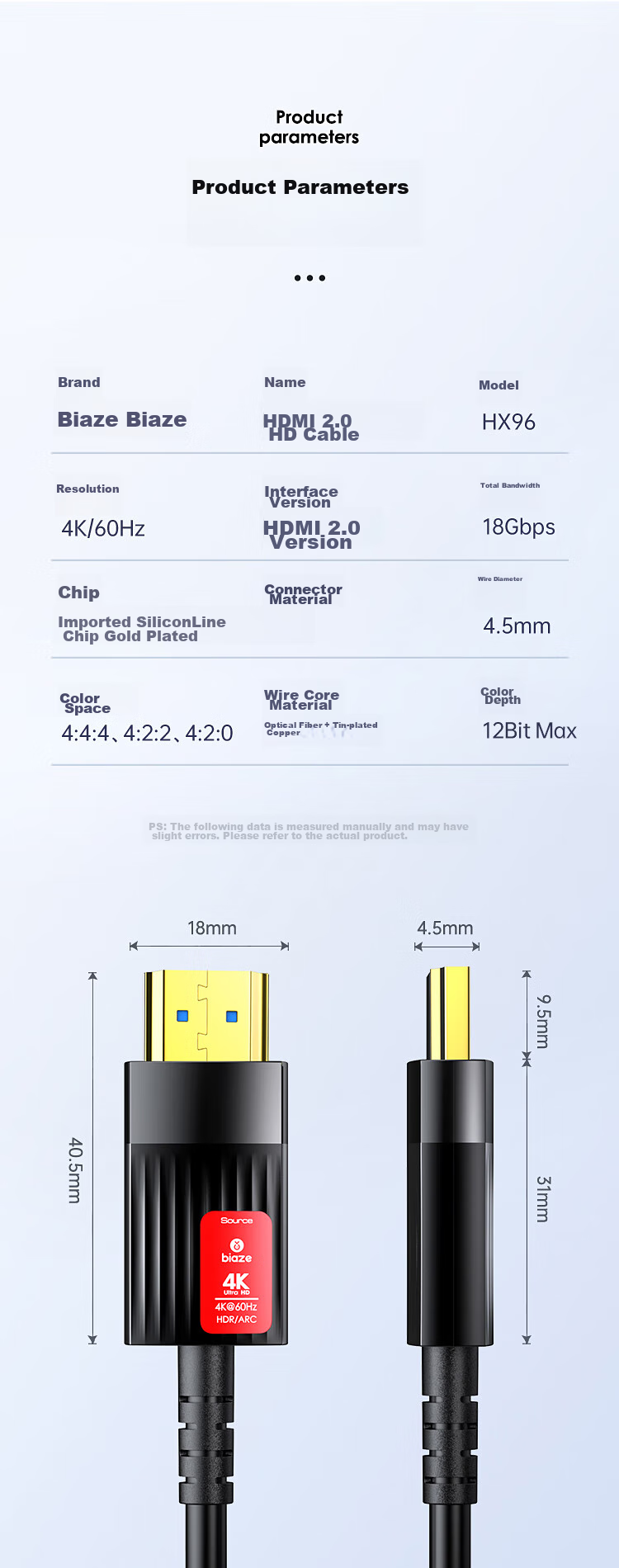 BIAZE Fiber Optic HDMI Cable Version 2.0, 15 Meters, 4K High-Definition Cable for Computer, TV, Projector, Home Theater, 3D Video Cable for Engineering And Renovation Connection HX96 15