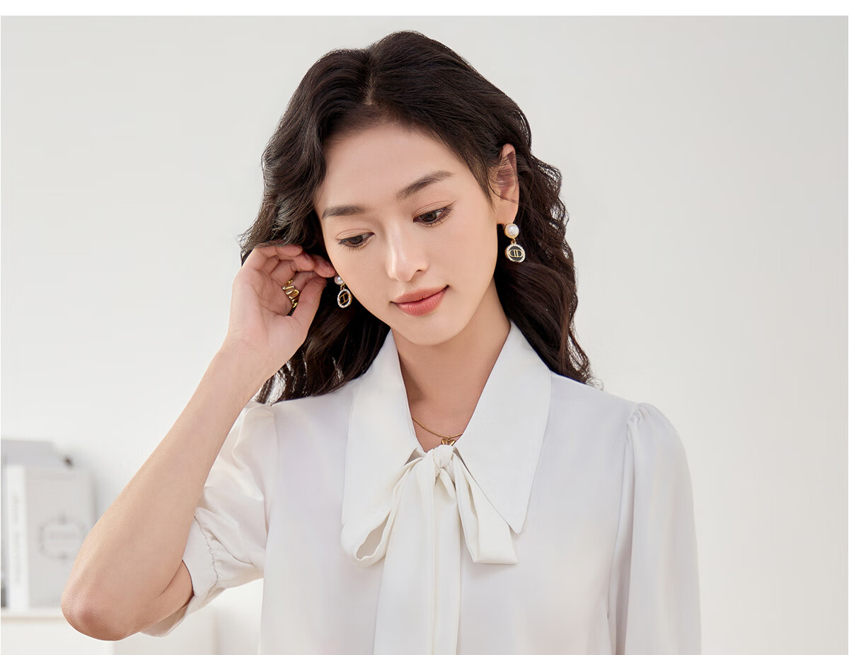 Chushen Long-Sleeve Shirt for Women, Elegant Lapel Design with Bow Tie, Casual White Blouse S13KC2990 Size M 16