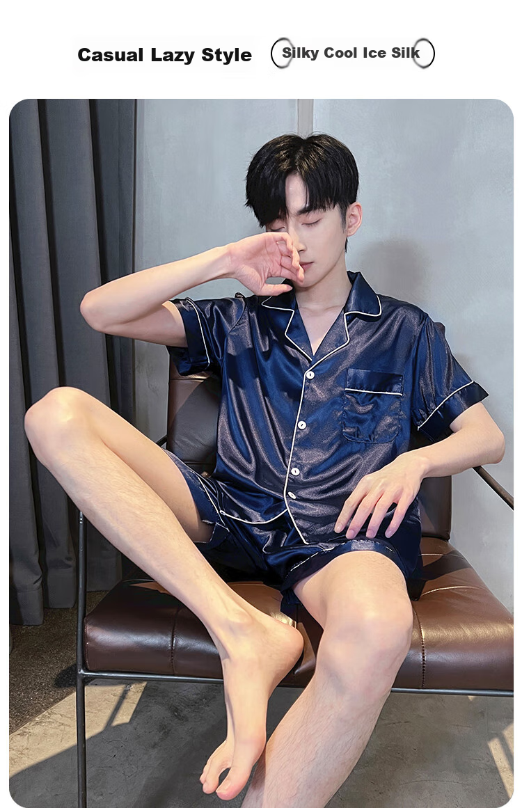 LangSha Men's Summer Pajamas, Ice Silk Short Sleeve Shorts Thin Faux Silk Home Wear Set 16