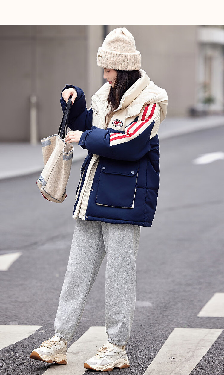 Dme [Xueji Lian Dong] Winter Warmth 90% Duck Down Hooded Windproof Stand Collar Contrasting Color Letter down Jacket Women's Coat 10