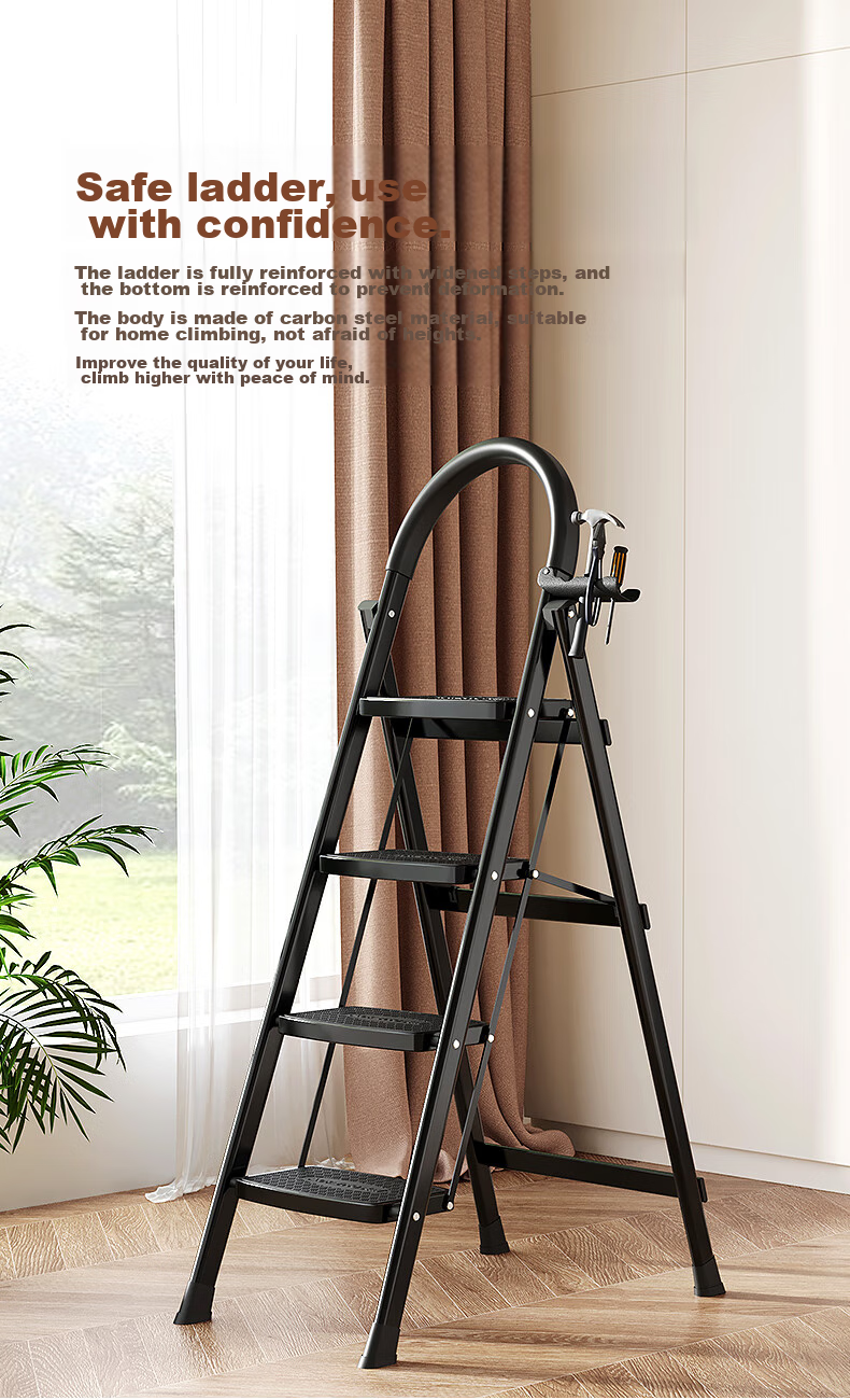 AOPENG Folding Ladder for Home Use, Four Steps Thickened Carbon Steel Wide Tread A-Frame Ladder Engineering Single-Sided Handrail Ladder 1264ST 12
