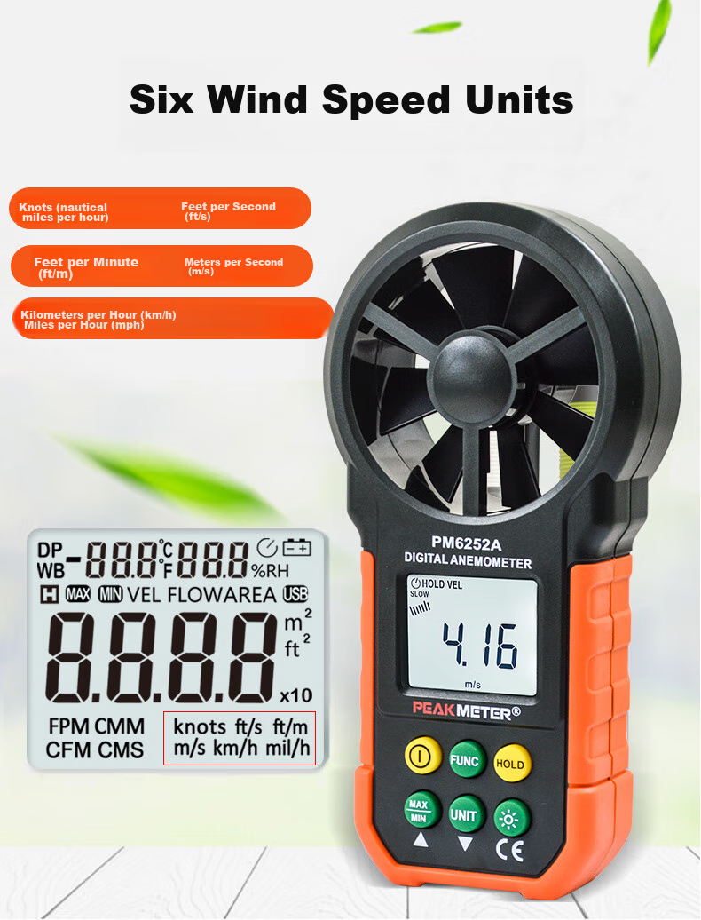 PEAKMETER PM6252B Handheld High-Precision Anemometer with Digital Display for Air Flow Measurement, Temperature And Humidity Testing, And Wind Speed Meter 12