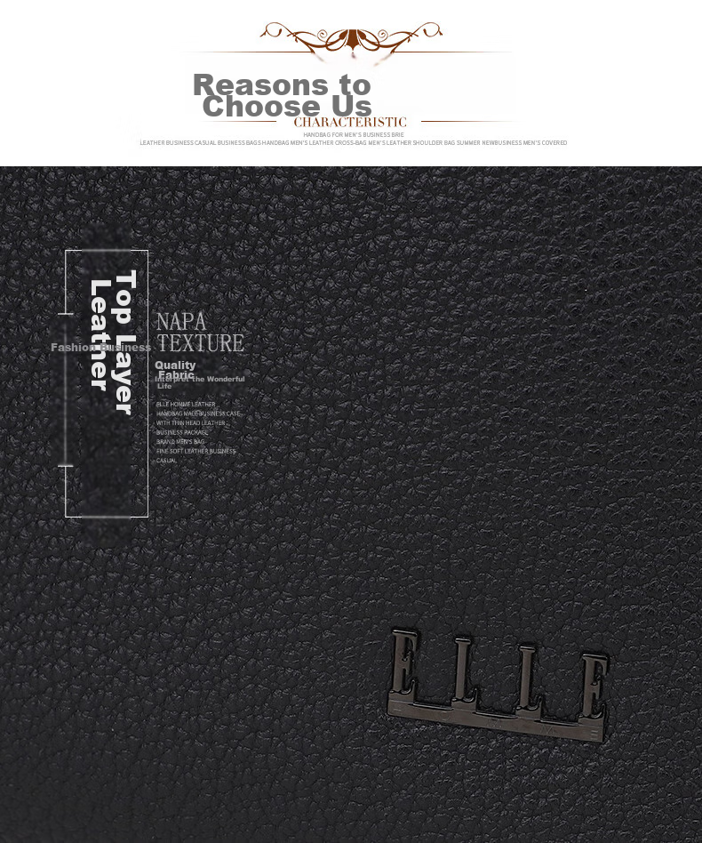 ELLE HOMME Men's Business Shoulder Bag, Fashionable Top-Grain Leather Crossbody Bag with Large Capacity, Lychee Pattern Men's Bag EA088204740 Black Birthday Gift for Boyfriend 3