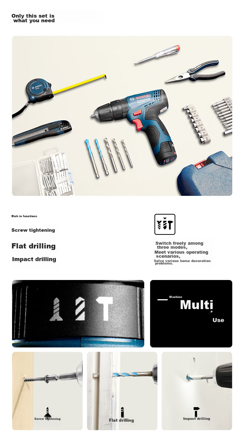BOSCH Electric Drill, 12V Lithium Battery, Household Hand Drill, Wall Drilling, Screw Driving, GSB120 Single Battery, 84 Accessories, Manual Tools 3