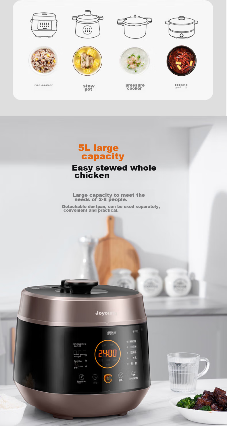 Joyoung 5L Smart Home Electric Pressure Cooker for 4-5 People with Dual Inner Pot, Multifunctional Copper Craftsmanship High Pressure Cooker with Large Fire, Nutritious Cooking, Timer And Reservation Function Y-50C82 9
