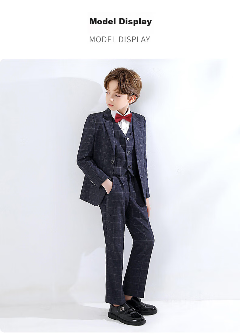 Yinuofang Children's Suit Set for Boys, Host Suit, Flower Boy Formal Wear, Performance Outfit, Plaid Set, Size 150 16