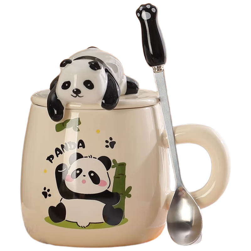 PINYU Mug Coffee Cup Ceramic Cup Water Cup Large Capacity with Lid And Spoon for Home Use, Hand-Waving Panda Desig
