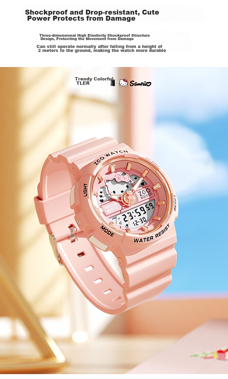 Hello Kitty Student Watch for Female Middle And High School Students, Dual Display Sports Digital Watch with Waterproof Luminous Function, Children's Watch Sanrio 9