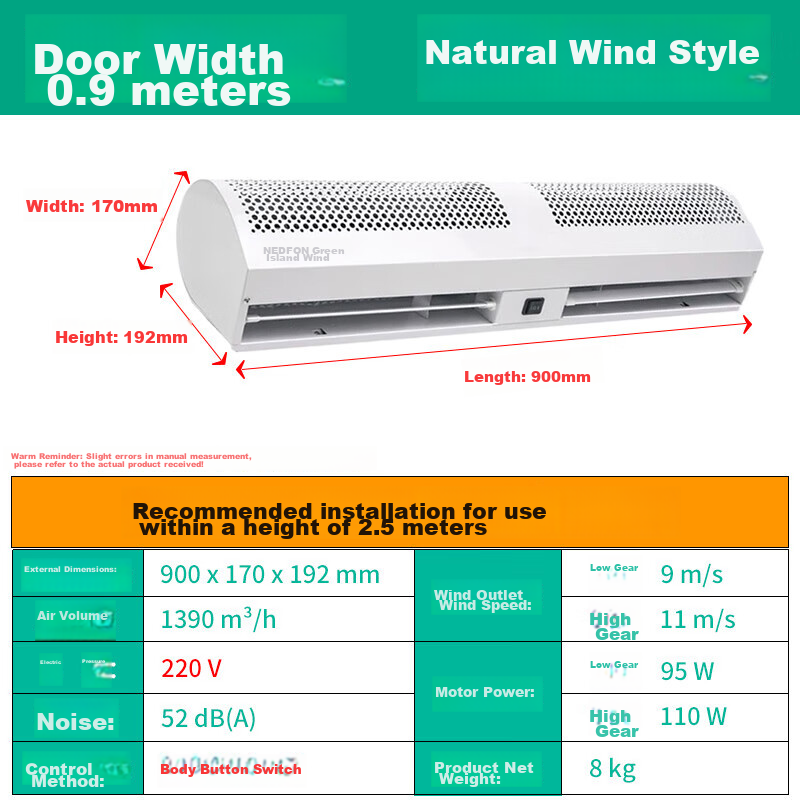 Nedfon Natural Wind Air Curtain, Commercial 0.9-Meter Elevator Entrance Barrier Air Screen, FM3009-A