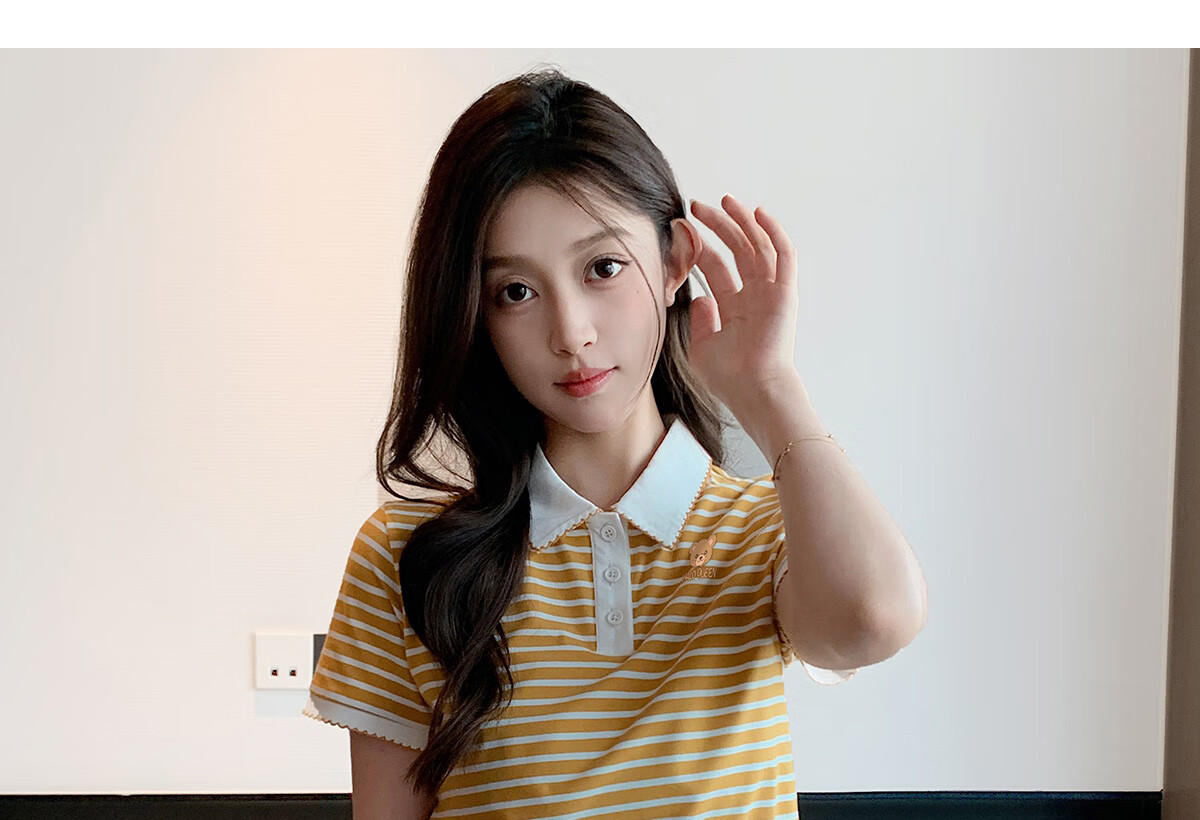 Halo Queen Women's Summer Polo Collar Short Sleeve T-Shirt, Casual Loose Versatile Collared Striped Top H143T1597 31