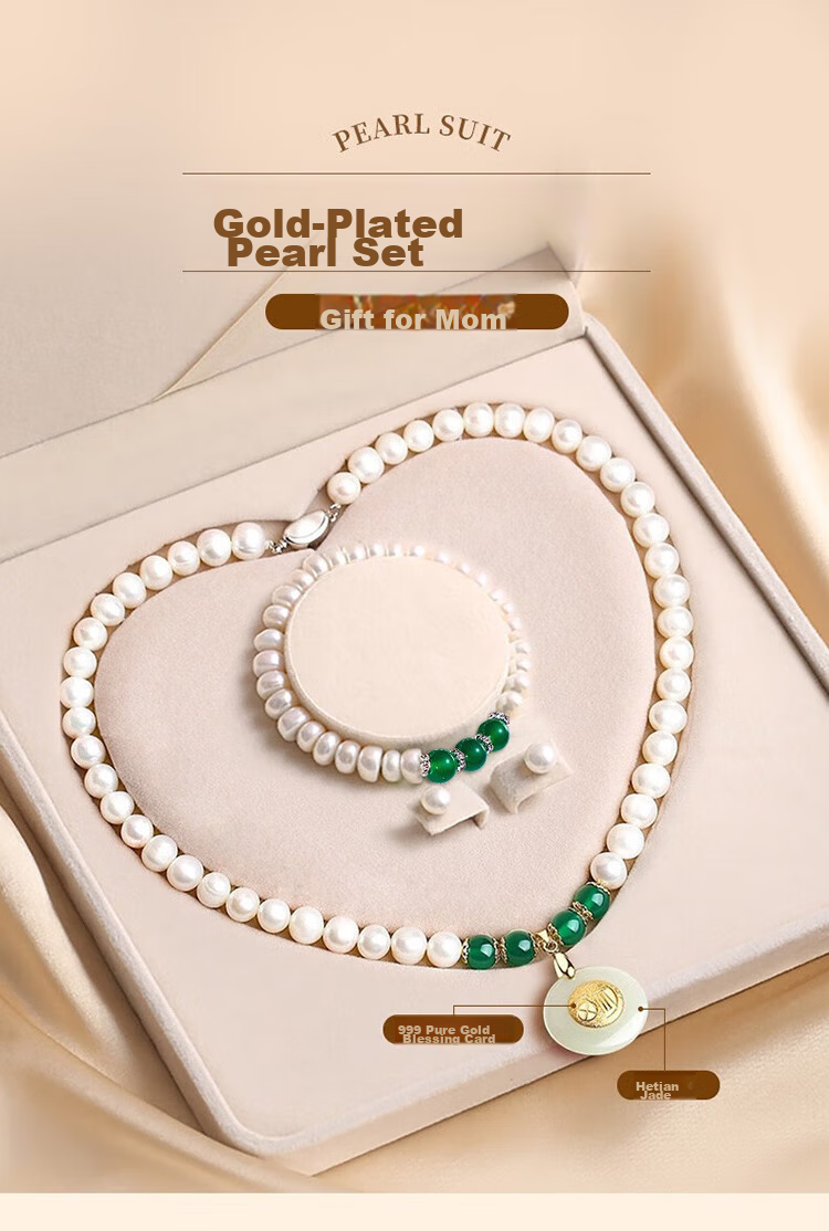 N2it Natural Freshwater Pearl Necklace for Women with Gold-Inlaid Jade Pendant Set, Birthday Gift for Ladies, Mothers And Mothers-I 1