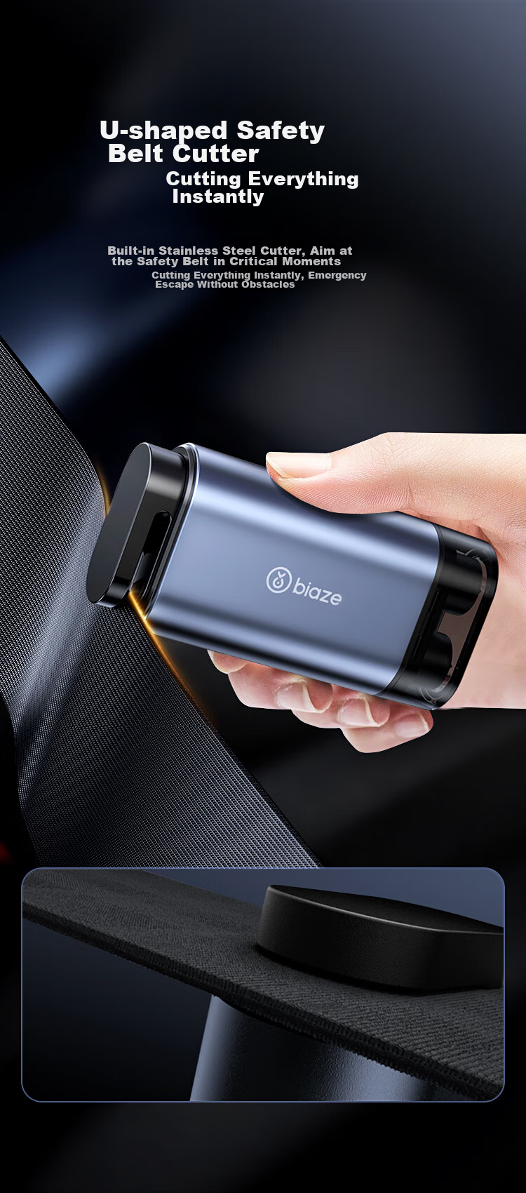 BIAZE Car Safety Hammer, Life-Saving Hammer, Window Breaker, Gun-Type Spring, Double Tungsten Steel Head, Built-In Cutter, Vehicle Escape Tool 5