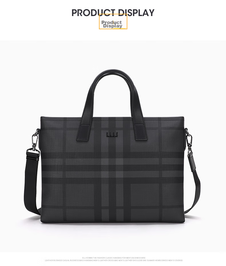 ELLE HOMME Men's Briefcase, Fashionable Striped Contrasting Color Handbag, Large Capacity PVC with Leather Shoulder Crossbody Bag, 14-Inch Laptop Bag EA188211211 Black And Gray 7